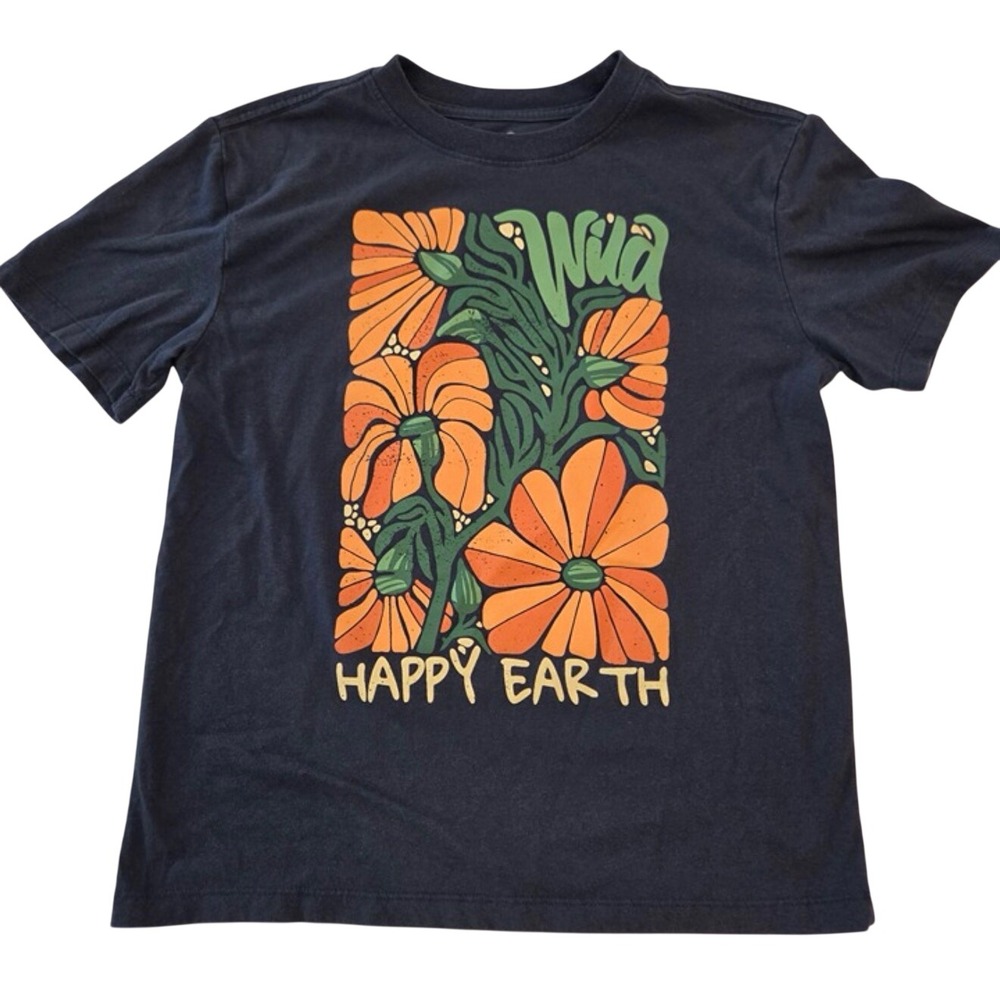 Gildan Happy Earth Graphic Tee Unisex Small Black Excellent Floral Wild Cotton